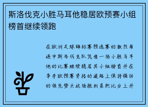 斯洛伐克小胜马耳他稳居欧预赛小组榜首继续领跑