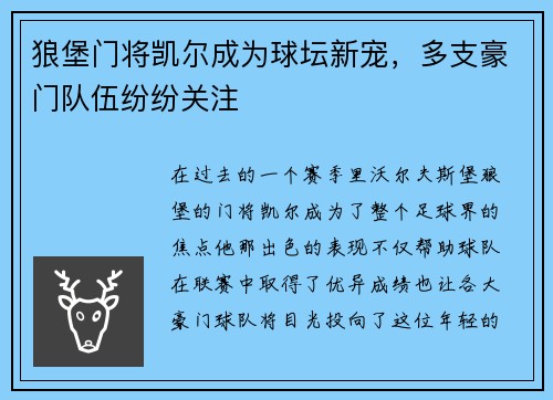 狼堡门将凯尔成为球坛新宠，多支豪门队伍纷纷关注