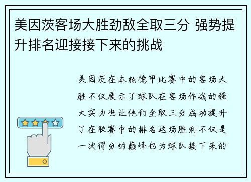 美因茨客场大胜劲敌全取三分 强势提升排名迎接接下来的挑战