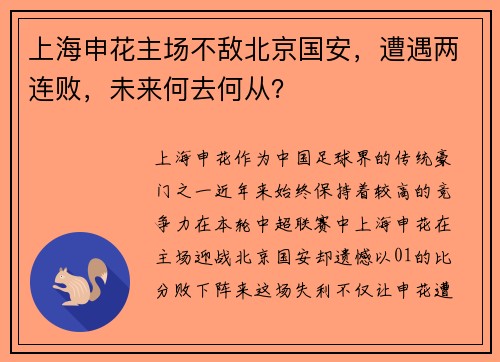 上海申花主场不敌北京国安，遭遇两连败，未来何去何从？