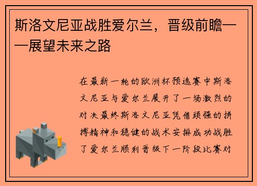 斯洛文尼亚战胜爱尔兰，晋级前瞻——展望未来之路