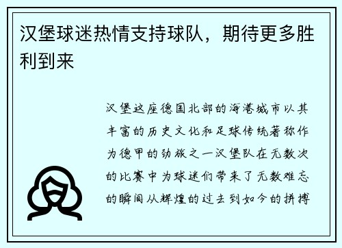 汉堡球迷热情支持球队，期待更多胜利到来