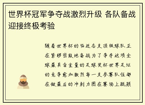 世界杯冠军争夺战激烈升级 各队备战迎接终极考验
