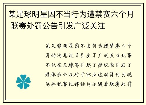 某足球明星因不当行为遭禁赛六个月 联赛处罚公告引发广泛关注