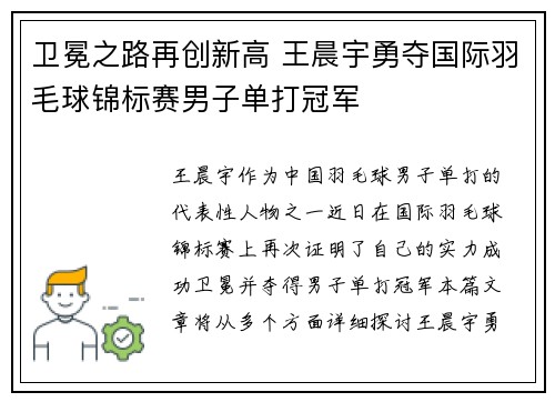 卫冕之路再创新高 王晨宇勇夺国际羽毛球锦标赛男子单打冠军