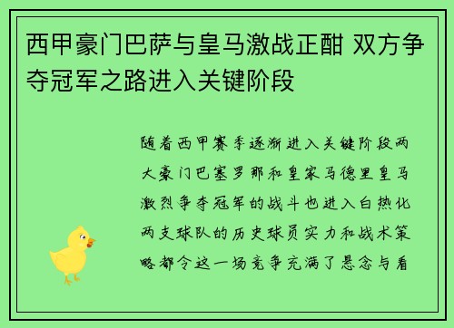 西甲豪门巴萨与皇马激战正酣 双方争夺冠军之路进入关键阶段