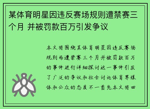 某体育明星因违反赛场规则遭禁赛三个月 并被罚款百万引发争议
